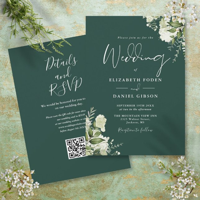 Emerald Greenery Blommigt QR Code Bröllop Inbjudningar (Emerald Greenery Floral QR Code Wedding Invitation)