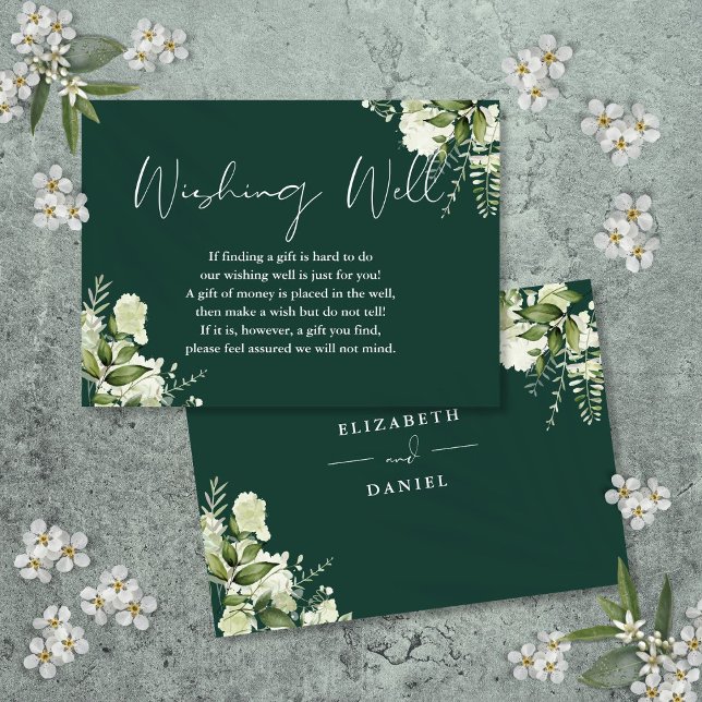 Emerald Greenery Blommigt Wishing well Bröllop Tilläggskort (Emerald Greenery Floral Wishing Well Wedding Enclosure Card)