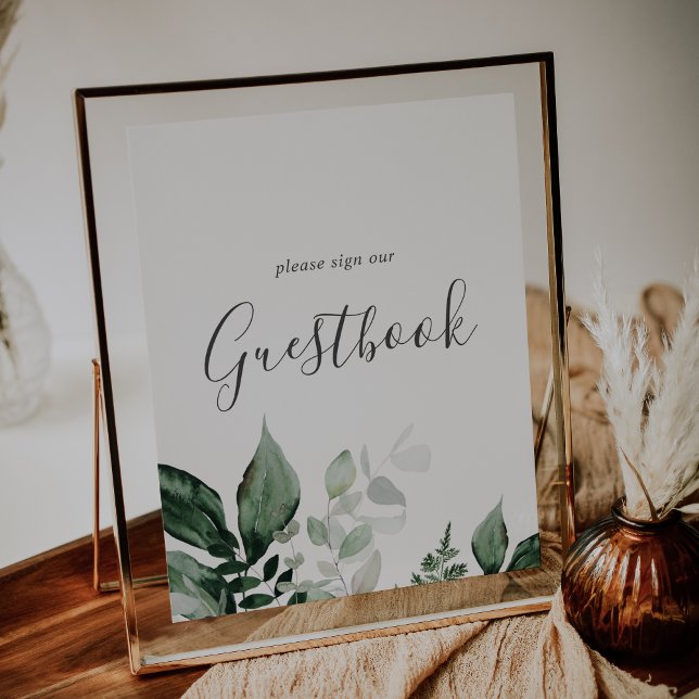 Emerald Greenery Botanical Bröllop Guestbook-tecke Poster (Emerald Greenery Botanical Wedding Guestbook Sign)