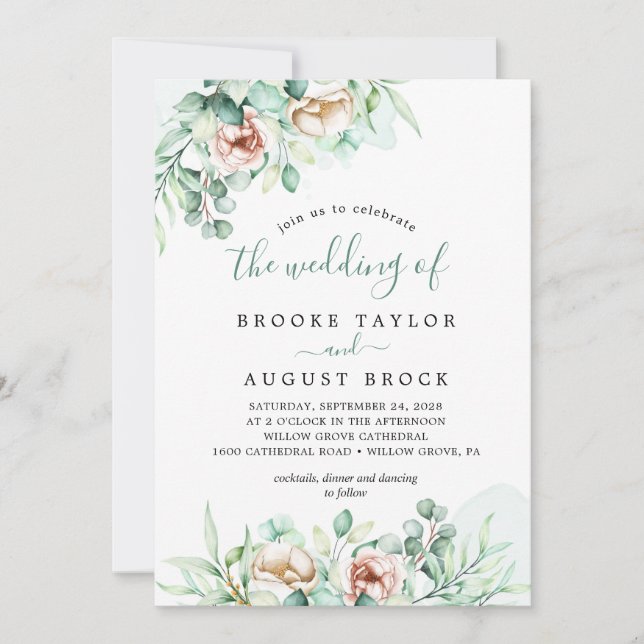 Emerald Greenery Bröllop i inbjudan (Framsida)