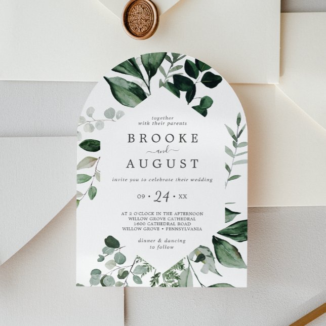 Emerald Greenery Elegant Boho Avslappnad Arch Bröl Inbjudningar (Emerald Greenery Elegant Boho Casual Arch Wedding Invitation)