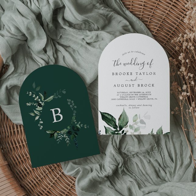 Emerald Greenery Elegant Modern Boho Arch Bröllop Inbjudningar (Emerald Greenery Elegant Modern Boho Arch Wedding Invitation)