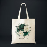 Emerald Greenery Eucalyptus White Blommigt Bröllop Tygkasse<br><div class="desc">Elegant Emerald grönt grey & elfenbensvit blommigt botanisk möhippa present till påsen med vit ros och elegant grönt vattenfärgen eukalyptus löv . Kontakta mig om du behöver hjälp med anpassning eller om du behöver någon annan produkt med den här designen.</div>