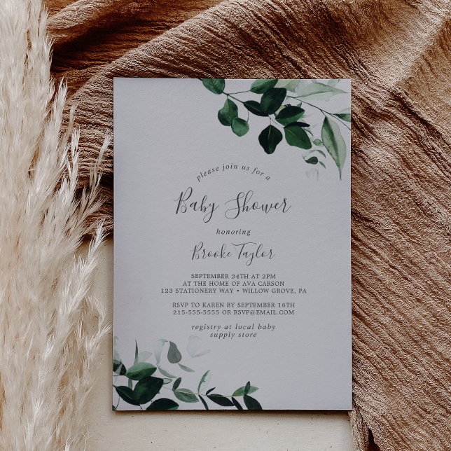 Emerald Greenery | Grått Baby Shower Inbjudningar (Skapare uppladdad)