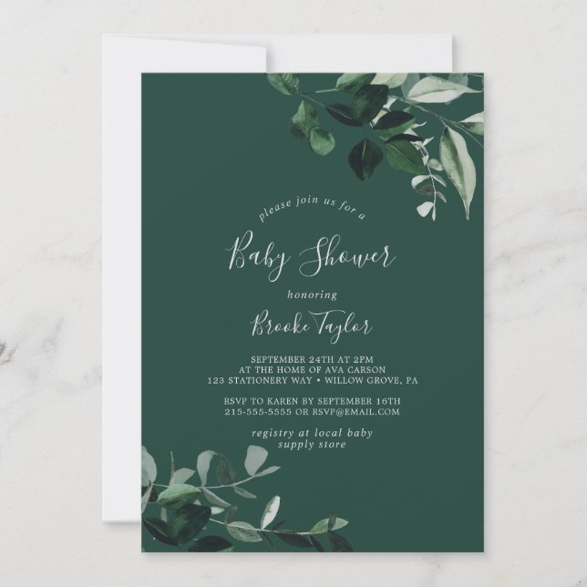 Emerald Greenery | Grönt Baby Shower Inbjudningar (Framsida)