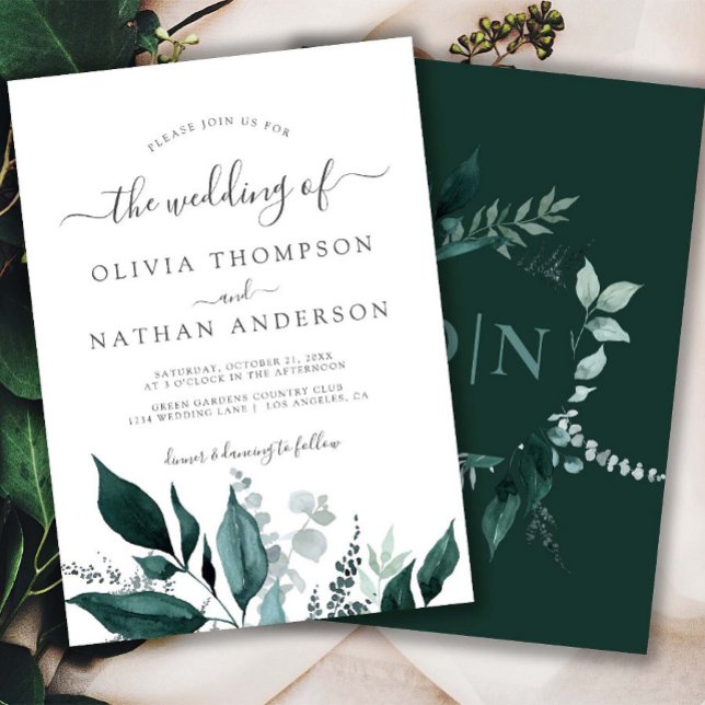 Emerald Greenery Grönt Garden Monogram Bröllop Inbjudningar (Emerald Greenery Wedding Invitation Woodland Marriage Green Leaves Foliage Botanical Rustic)