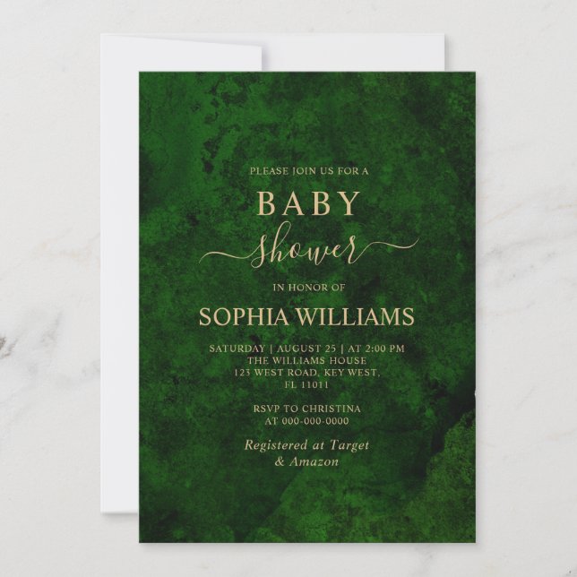 Emerald Greenery & Guld Calligraphy Baby Shower Inbjudningar (Framsida)