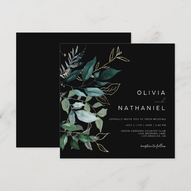 Emerald Greenery Guld Löv Foliage Mörk Bröllop Inbjudningar (Fram/baksida)