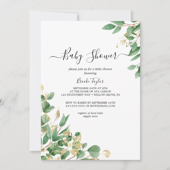 Emerald Greenery | Inbjudan till grått Baby Shower (Framsida)