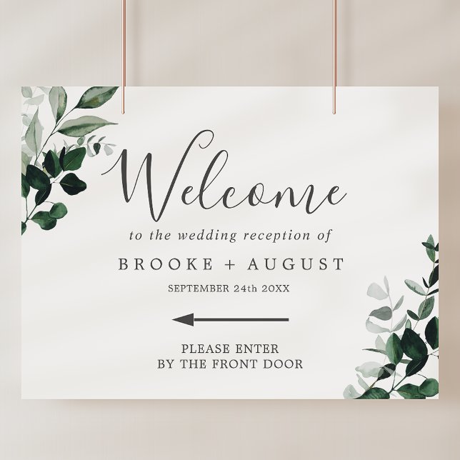 Emerald Greenery Lämnat Directional Bröllop Välkom Poster (Emerald Greenery Left Directional Wedding Welcome Poster)