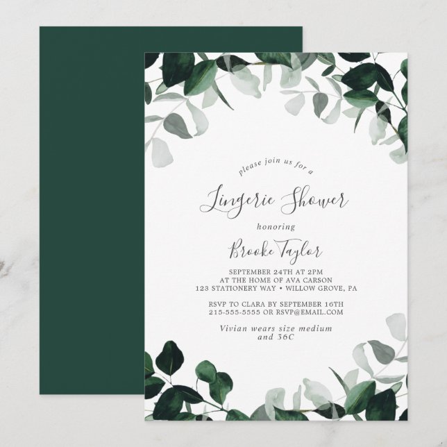 Emerald Greenery Lingerie Shower Inbjudningar (Fram/baksida)