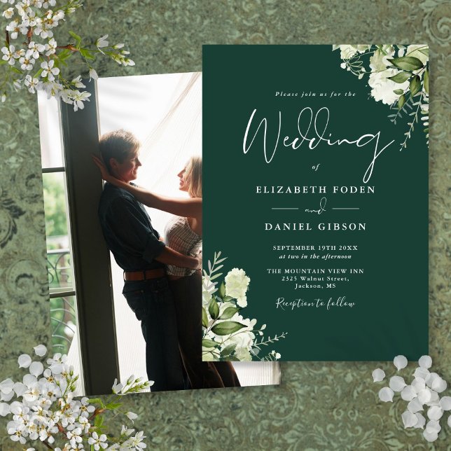 Emerald Greenery Löv Elegant Photo Bröllop Inbjudningar (Emerald Greenery Leaves Elegant Photo Wedding Invitation)