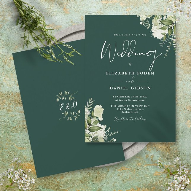 Emerald Greenery Löv Monogram Bröllop Inbjudningar (Emerald Greenery Leaves Monogram Wedding Invitation)
