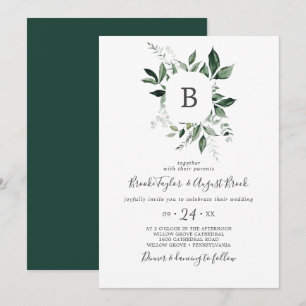 Emerald Greenery Monogram Bröllop Inbjudningar