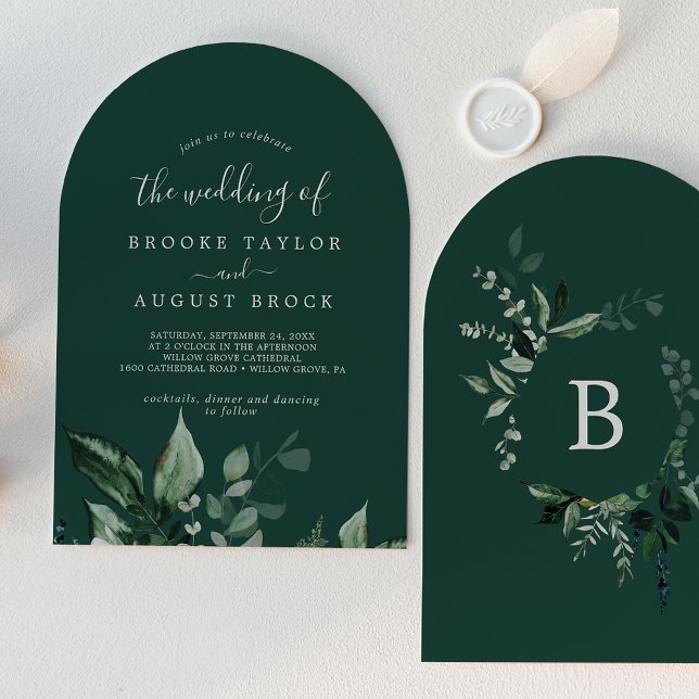 Emerald Greenery Mörk grönt Boho Arch Bröllop Inbjudningar (Emerald Greenery Dark Green Boho Arch Wedding Invitation)