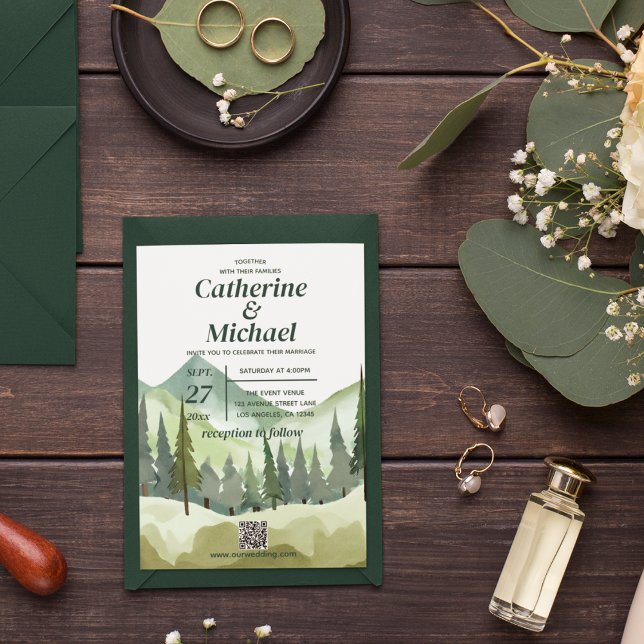 Emerald Greenery Mountain Rustic QR Code Bröllop Inbjudningar (Skapare uppladdad)