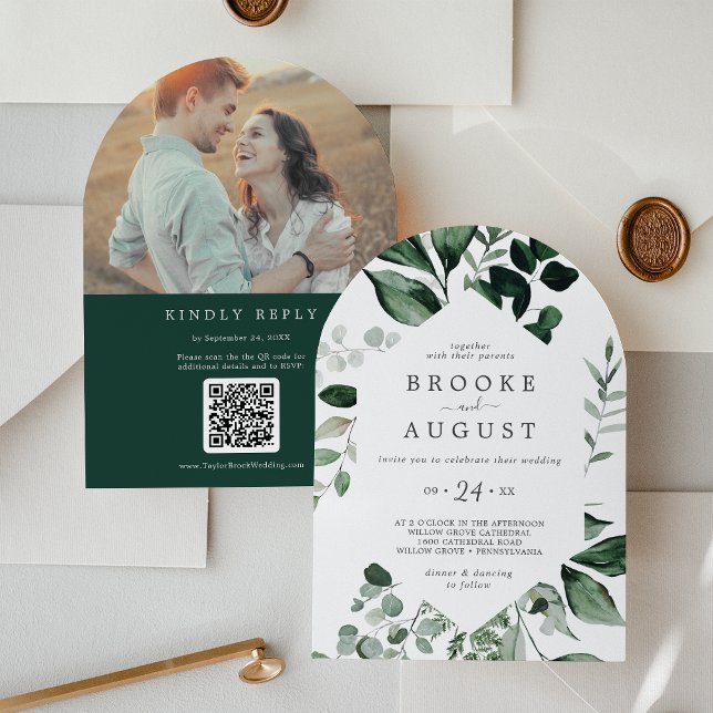 Emerald Greenery Photo QR Code Boho Arch Bröllop Inbjudningar (Emerald Greenery Photo QR Code Boho Arch Wedding Invitation)