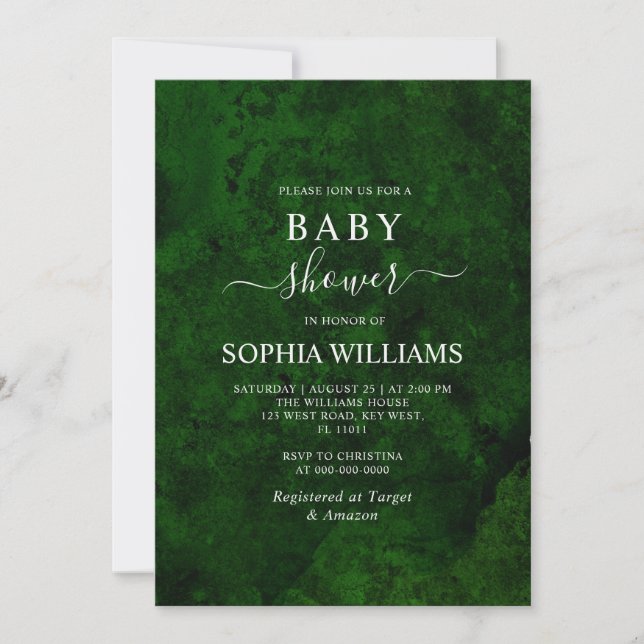 Emerald Greenery & Silver Calligraphy Baby Shower Inbjudningar (Framsida)