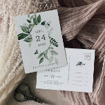 Emerald Greenery Spara vykortet för datum Inbjudan Vykort<br><div class="desc">Det här framstår som grönt att spara det datum då vykortet är perfekt för en boho bröllop. Den eleganterna,  men ändå strålande utformningen har moody mörk grönt löv för vattenfärg och eukalyptus med en modern bohemisk skogskänsla.</div>