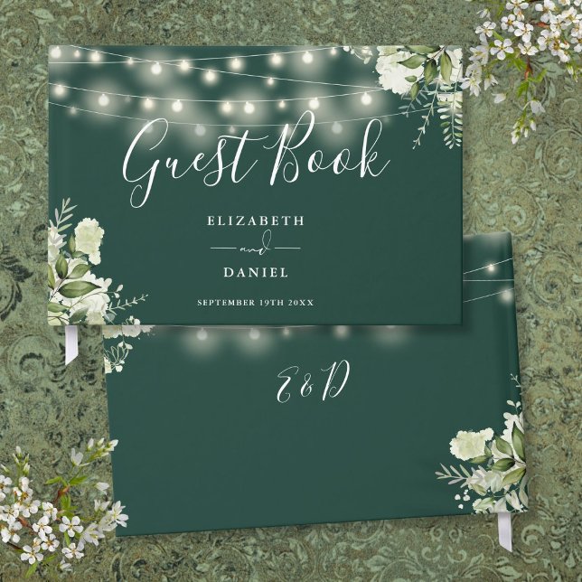 Emerald Greenery String Ljus Bröllop Gästböcker (Emerald Greenery String Lights Wedding Guest Book)
