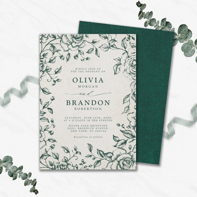 Emerald Greenery Vintage Botanical Simple Bröllop Inbjudningar (Emerald greenery vintage botanical wedding)