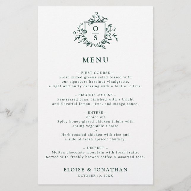 Emerald Greenery Vintagen Botanical Bröllop Menu (Framsida)