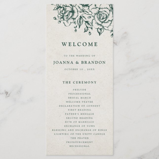 Emerald Greenery Vintagen Botanical Bröllop Program (Framsida)