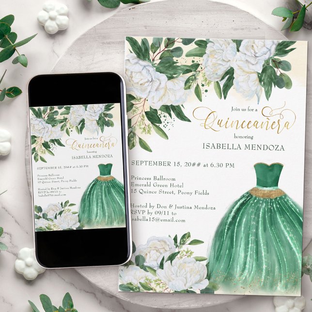 Emerald Greenery White Peony Princess Quinceanera Inbjudningar (Princess Gown quinceanera invitation from my Emerald Greenery and White Peony Collection)