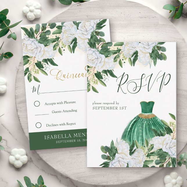 Emerald Greenery White Peony Quinceanera Princess OSA Kort (Quinceanera Princess RSVP response card from my Emerald Greenery and White Peony Collection)