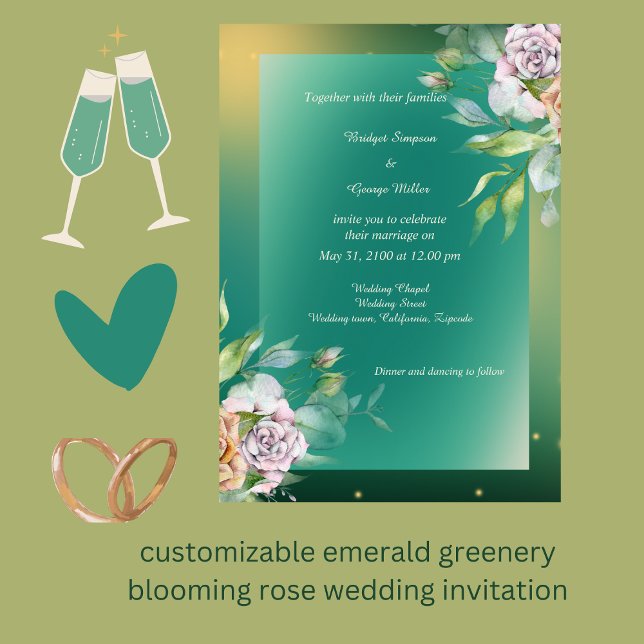 emerald grey blooming ro bröllop inbjudningar (customizable emerald greenery blooming rose wedding invitation by wedding Hobinishop)
