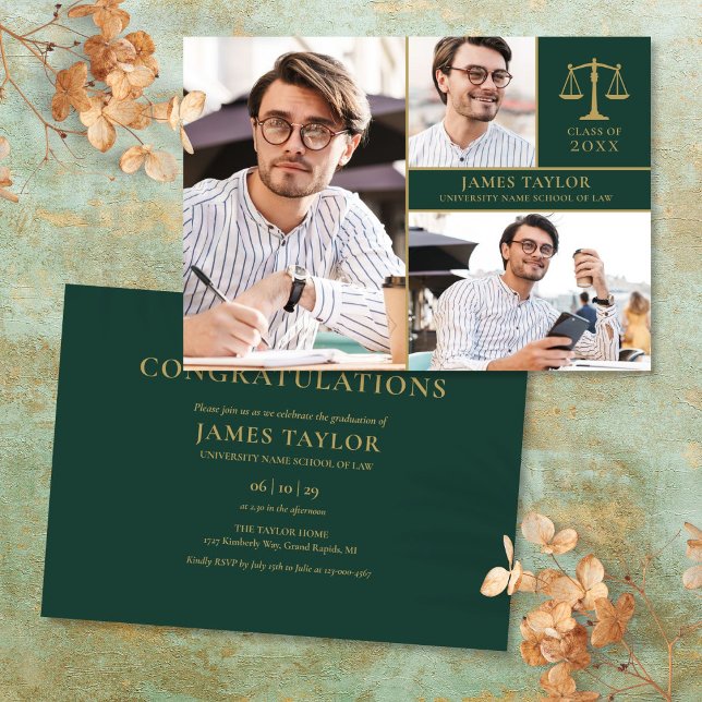 Emerald Grönt 3 Photo Law School Studentfest Inbjudningar (Emerald Green 3 Photo Law School Graduation Party Invitation)