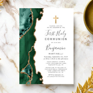 Emerald Grönt Agate Guld First Heliga Communion Inbjudningar