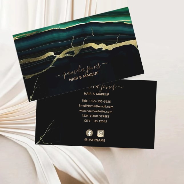 Emerald Grönt Agate Guld Glitter Skriptmonogram Visitkort (Emerald Green Agate Gold Glitter Script Monogram Business Card)