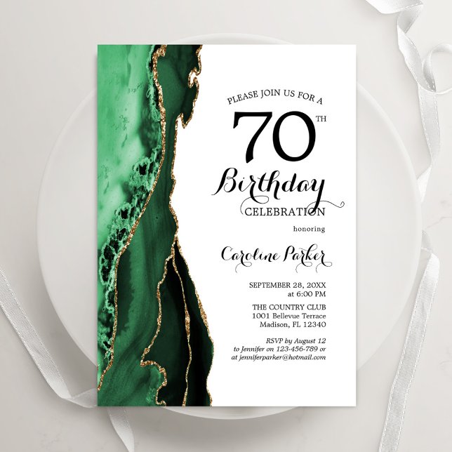 Emerald Grönt Agate Guld White 70 Birthday Inbjudningar (Skapare uppladdad)