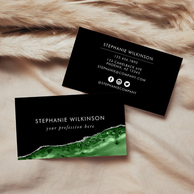 Emerald Grönt Agate & Silver Glitter Gräns Black Visitkort (Green Agate & Silver Glitter Border Black Business Card)