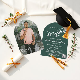 Emerald Grönt Arch Photo QR Code Grad Party Inbjudningar