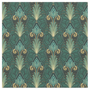 Emerald Grönt Art Deco Lotus på Leafy-bakgrund Tyg