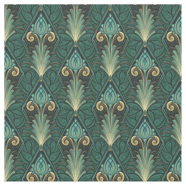 Emerald Grönt Art Deco Lotus på Leafy-bakgrund Tyg (Närbild)