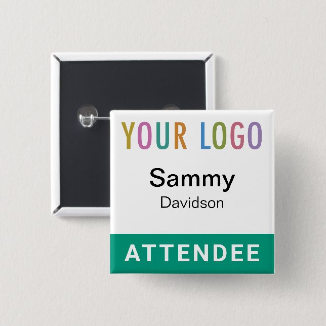 Emerald Grönt Attendee Badge Logotyp Pinback Squar Knapp (Framsida & baksida)