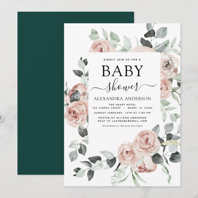 Emerald Grönt Baby Shower Blommigt Greenery Inbjudningar (Fram/baksida)
