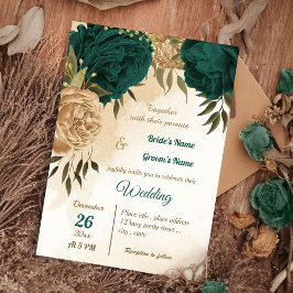 Emerald grönt beige guld botaniska bröllop inbjudningar