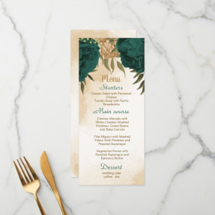 Emerald grönt beige guld botaniska bröllop meny