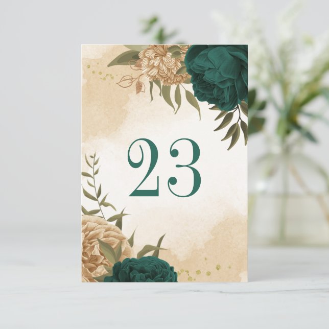 Emerald grönt beige guld botaniskt bordsnummer (Stående Fram)