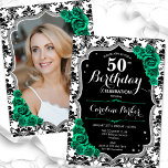 Emerald Grönt Black Damask Photo 50:e födelsedagen Inbjudningar<br><div class="desc">Femininininbjudan till elegantens blommigt på 50 års födelsedag med ditt foto på baksidan av kortet. Glam Black white emerald grönt design med faux glitter silver. Innehåller svartvit dämpningsmönster, grönt ro, skriptteckensnitt och kontur. Perfekt för en snyggt vuxen under firande party. Anpassa med dina egna detaljer. Kan anpassas för vilken ålder...</div>