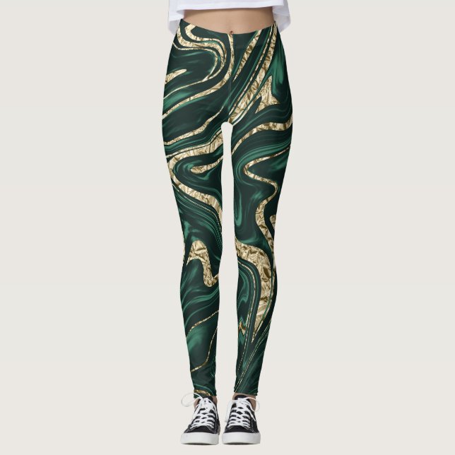 Emerald Grönt Black Guld Marble #2 (Faux Foil) Leggings (Framsida)