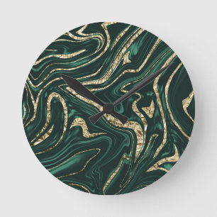 Emerald Grönt Black Guld Marble #2 (Faux Foil) Rund Klocka