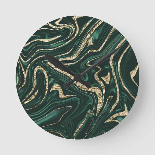 Emerald Grönt Black Guld Marble #2 (Faux Foil) Rund Klocka (Framsida)