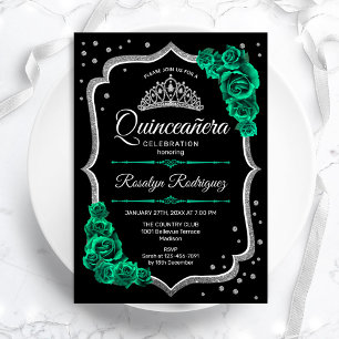 Emerald Grönt Black Silver Elegant Quinceanera Inbjudningar