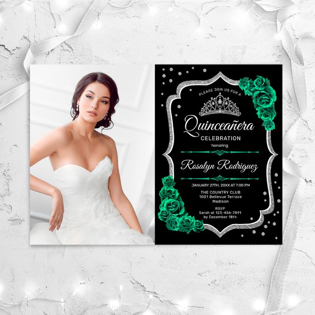 Emerald Grönt Black Silver Photo Quinceanera Inbjudningar (Skapare uppladdad)