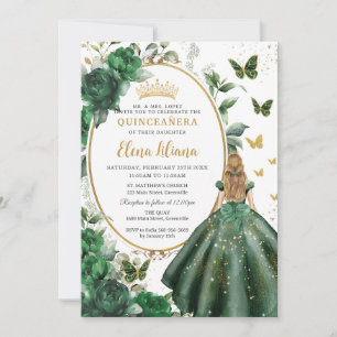Emerald Grönt Blommigt Blonde Princess Quinceañera Inbjudningar